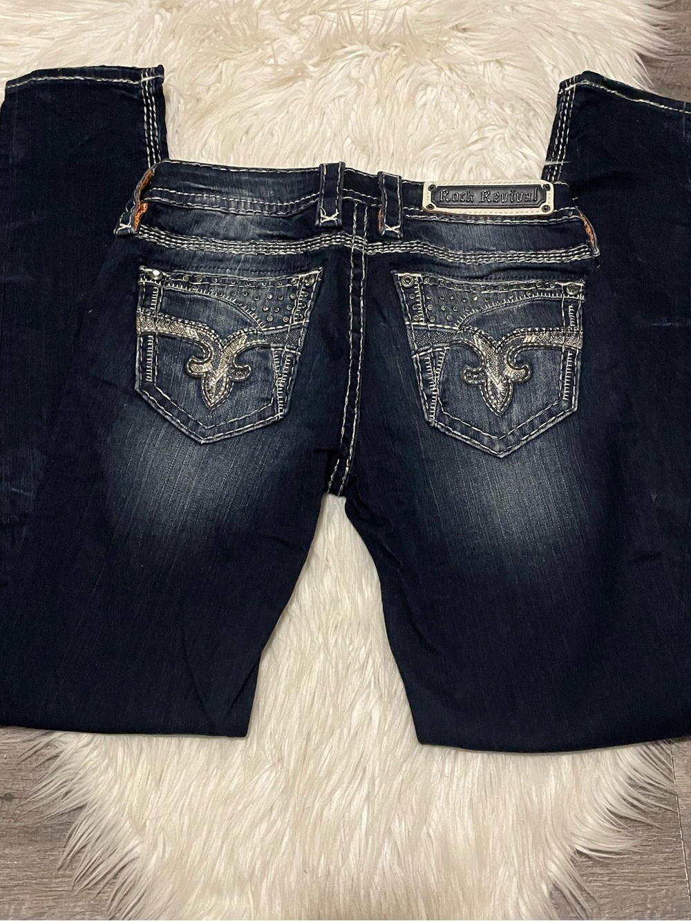 Rock Revival Henna Skinny Dark Indigo Jeans with Embellished Pockets